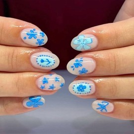 MERVF Oval Press on Nails Medium Fake Nail Blue Flower Design Glue ons Round Cute Bow Acrylic Summer Manicure Glossy 24pcs