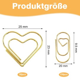 Paper Clips Heart 200 Pieces Large Gold Paper Clip 2 Style Heart Paper Clips Set, Metal Small Paper Clips Heart-Shaped Paper Clips for Decorative Weddings Postcards School Office Supplies