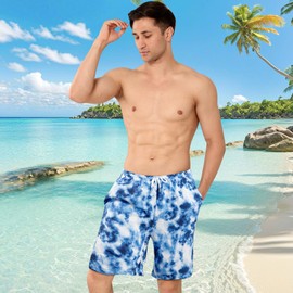 MASOCIO Mens Swimming Shorts Men Swim Trunks with Compression Liner Stretch No Mesh Anti Chafe Double Layer Knee Length Long Men's Swimshorts Quick Dry Summer Beach Surf Board Shorts Tie Dye Blue S