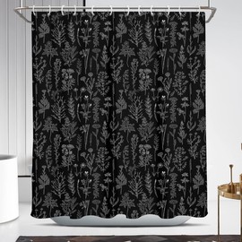 Coxila Vintage Floral Shower Curtain Black and White Retro Flower Dark Gray Grey Botanical Plant Boho Spring Country Rustic Goth Moody Antique Cute Bathroom 60 x 72 Inch Polyester Fabric 12 Pack Hooks