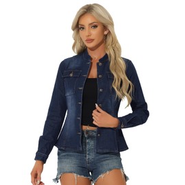 Allegra K Casual Denim Jacket for Women's Classic Stand Collar Long Sleeve Jean Jacket Medium Dark Blue