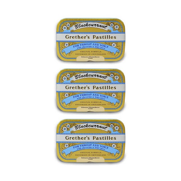 GRETHER'S Original Blackcurrant Pastilles Natural Remedy for Dry Mouth Relief - Soothing Throat & Healthy Voice - Long-Lasting Fruit Flavor, Breath Refresh - Gluten-Free - 3-Pack - 3.75 oz