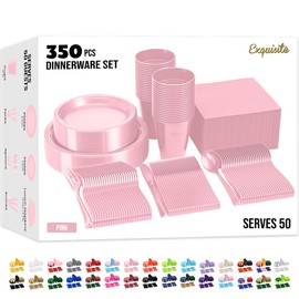 350 Pcs Pink Plastic Plates For Party, Pink Disposable Plates Set, 50 Of Each 9" Dinner Plate Set, 7" Dessert Plate, Cups, Napkins & Cutlery Plastic Dinnerware Party Solids