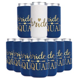 PartyGifts&beyond 10Packs Bachelorette Party Decorations Slim Can Cooler Bridesmaid Gifts Can Sleeves Bride Squad Can Coolers for Party(Navy Blue)