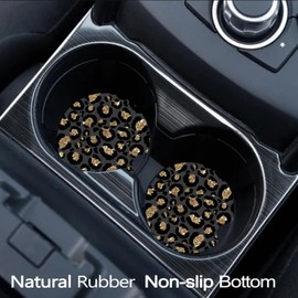 FJyuanqi Car Coasters for Cup Holders, 2 Pack Anti Slip Universal Rubber Car Cup Coaster for Women Men, Car Interior Accessories - Black Gold Leopard Print