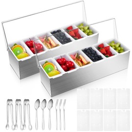 Mifoci 2 Pack Stainless Steel Chilled Condiment Server 4 Removable Slot Toppings Containers with Lid and Bottom Ice Bar Garnish Tray with 9 Silverwares 8 Ice Boxes for Christmas Party, Events and Bar