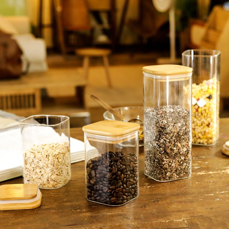 LIBWYS 12-Pack Square Glass Storage Jars with Bamboo Lids (0.6Qt/1.06Qt)