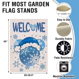 Artofy Welcome Winter Cartoon Mouse Large Decorative House Flag, Blue Snowflake Seasonal Yard Garden Outside Decor, Christmas Holiday Burlap Outdoor Home Decoration Double Sided 28 x 40