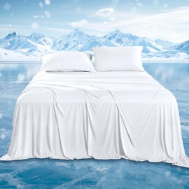 DOWNCOOL Cooling Sheets Queen, Cooling Bed Sheets for Hot Sleepers and Night Sweats, Q-Max>0.4, 15" Deep Pocket with Elastic, 4-Piece Soft & Breathable Summer Queen Sheet Set, White