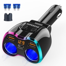 SUPERONE 2024 Upgraded Cigarette Lighter Splitter, SUPERONE 180W 2-Socket Cigarette Lighter Adapter with Dual QC3.0 and 20W PD USB C Car Charger Splitter for GPS/Dash Cam/Laptop/iPad/iPhone 16/15/14/13/12/11