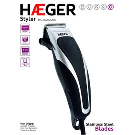 Hayger Style 10W Stainless Steel Hair Clipper (3mm, 6mm, 9mm and 12mm) with AC Motor, Ergonomic and Practical, Adjustable Blade Height and Removable Blade