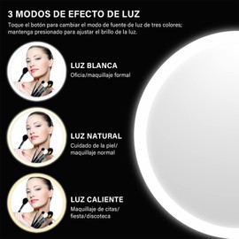 Espejo de Maquillaje con Luz LED, Temperatura de Tres Colores y Brillo de Varios Niveles Ajustable, Espejo de Maquillaje Giratorio de 90 Grados, Lente Grande de 7 Pulgadas, Carga Rápida USB(Con Lupa)