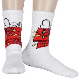 Snoopy Gripper Socks Peanuts Snoopy Dog House Festive Holiday Christmas Lights Men's Fuzzy Gripper Slipper Socks OSFM For Men and Women