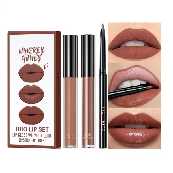 3 Stück Matt Lippenstift Lipgloss Lipliner Langanhaltender Hochpigmentiert Wasserfester Nude