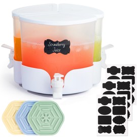 Rotatable 360° 5.2L Beverage Dispenser for Fridge, 3 Grids Plastic Drink Dispenser with 3 Spigots, 3 Coasters and 24 Labels, for Lemonade, Tea, Milk