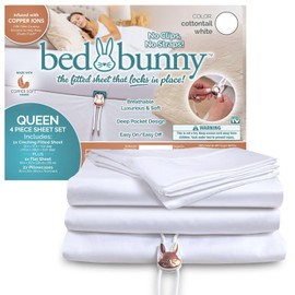 Bed Bunny Queen Locking Fitted Bed Sheet Set, Stays On & Won’t Slip Off, Built-in StayFit Compression System Hugs Mattresses, AS-SEEN-ON-TV, Wrinkle & Stain Resistant CopperSoft™ Fabric (White)