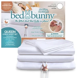 Bed Bunny Queen Locking Fitted Bed Sheet Set, Stays On & Won’t Slip Off, Built-in StayFit Compression System Hugs Mattresses, AS-SEEN-ON-TV, Wrinkle & Stain Resistant CopperSoft™ Fabric (White)