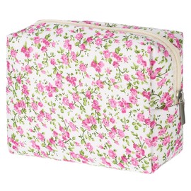 VOCOSTE Quilted Makeup Bag, Rose Red Floral Makeup Bags, Cute Makeup Bags, Cosmetic Bags for Women Girls