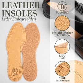 TULMERO 3 Pairs of Leather Insoles for Men and Women with Real Natural Cork - Leather Soles for Shoes Against Sweaty Feet Size 43
