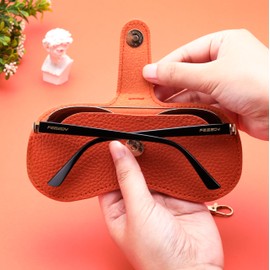 FEISEDY Soft Leather Sunglasses Case - Slim Portable Eyeglass Holder with Button-Closure Wrist Strap for Travel & Outdoor Orange