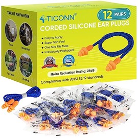 Ticonn 12 Pares de Tapones para los Oídos de Silicona Reutilizables para Dormir con Cancelación de Ruido, Tapones para los Oídos con Cable Nrr de 25 D