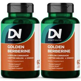 Divinity Nutra DN 2/3 Packs 4-in-1 Golden Berberine Supplement 1500mg, Glucose Support, with Ceylon Cinnamon Bitter Melon Ginkgo, Support Gut Health, Metabolism, Wellness, 60 Capsules, Divinity Nutra - Specification: 2 Packs