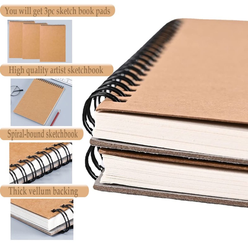 Sketch Book Pad, Drawing Paper Spiral Bound, 98lb/160gsm, Pack of