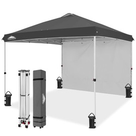 EAGLE PEAK Pop Up Canopy Tent with 1 Sidewall, Easy Setup Event Tent, Outdoor Sun Shade, Wheeled Carry Bag, Stakes and Guy Ropes, Instant Canopy 10x10, Gray