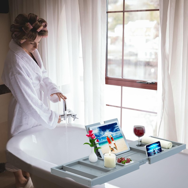 Premium Bamboo Bathtub Caddy Tray - Bath Tray - Bath