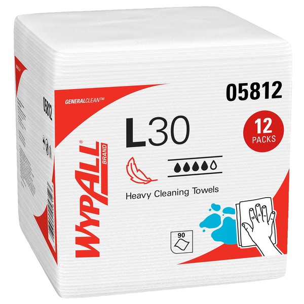 WypAll® GeneralClean™ L30 Heavy Duty Cleaning Towels (05812), Quarterfold, Strong and Soft Towels, White (90 Sheets/Pack, 12 Packs/Case, 1,080 Sheets/Case)
