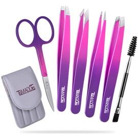 TsMADDTs Eyebrow Tweezer Set, TsMADDTs 6PCS Tweezers Set for Women, Precision Tweezer for Eyebrows with Curved Scissor for Ingrown Hair, Hair Plucking Daily Beauty Tools (Pink&Purple)