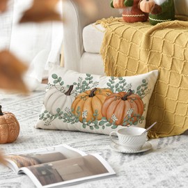 Artoid Mode Pumpkins Eukalyptus Leaves Autumn Cushion Cover, 30x50 cm Fall Decorative Pillow Case Cover Sofa Living Room Outdoor Decor