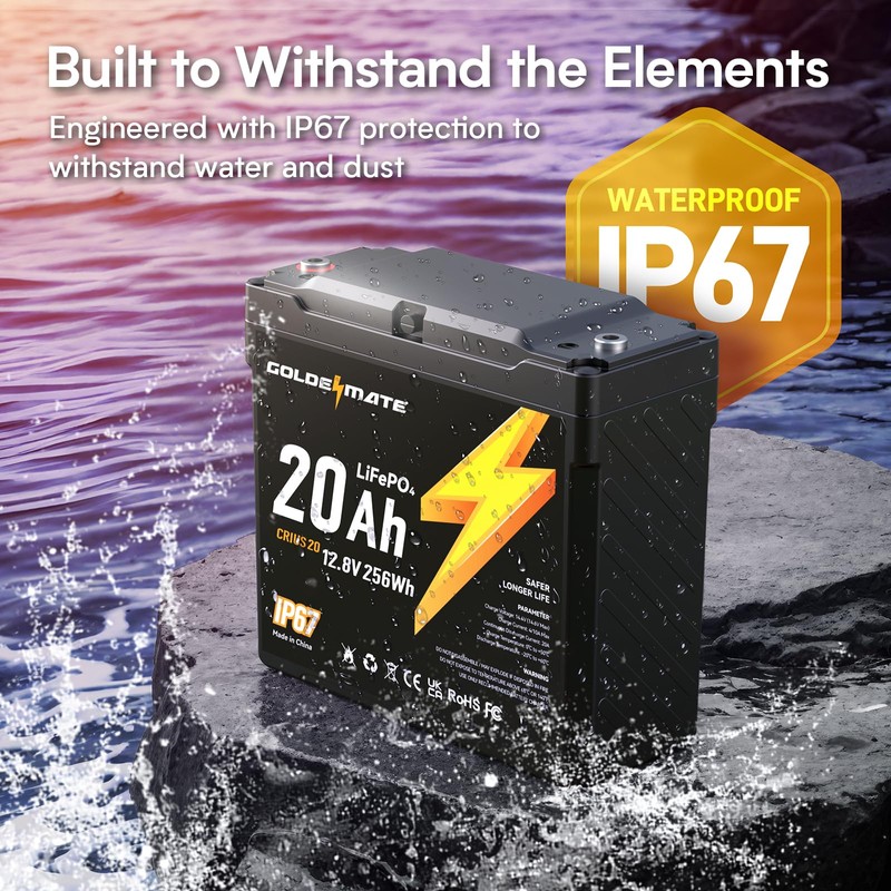 GOLDENMATE 12V 20Ah LiFePO4 Battery, IP67 Waterproof, 12V Lithium Battery