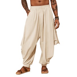 PASLTER Mens Harem Pants Linen Yoga Beach Baggy Summer Boho Aladdin Genie Pants Beige