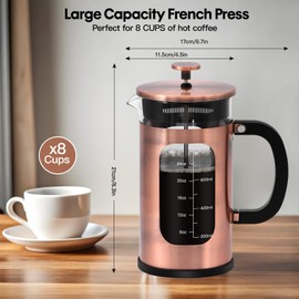 Panana 34 Ounce 1 Liter French Press Coffee Maker, Heat Resistant Borosilicate Glass Coffee Press, Cold Brew Coffee Pot Tea Press for Kitchen, Stainless Steel (Upgraded Stainless Steel Copper)
