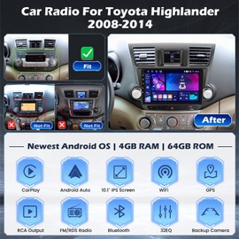 [4+64G] Hikity Android 15 Car Stereo for Toyota Highlander 2008-2014 with Wireless Carplay Android Auto, 10'' Touchscreen Radio Bluetooth Mirror Link GPS WiFi SWC AI DSP/FM/RDS/32EQ Backup Cam+Mic