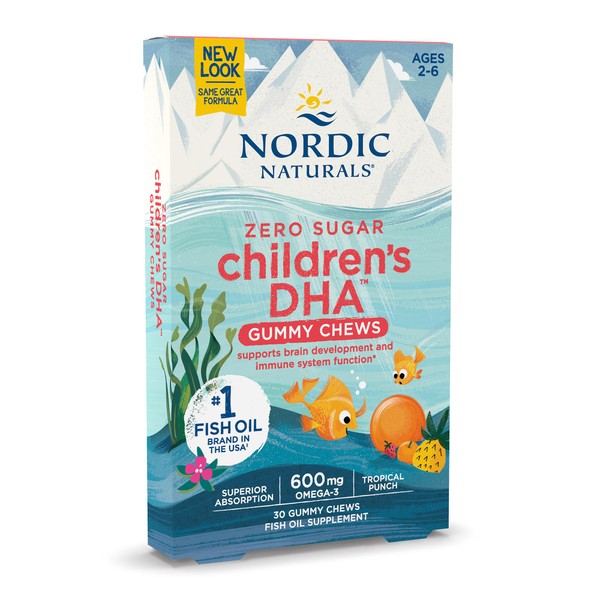 Nordic Naturals Zero Sugar Children’s DHA Gummy Chews, Tropical Punch - 30 Gummy Chews for Kids - 600 mg Total Omega-3s - Brain Development, Learning, Healthy Immunity - Non-GMO - 30 Servings