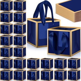 Kolldenn 100 Pcs Small Gift Bags with Handles Metallic Paper Square Wedding Favor Bags Bulk with DIY Blank Thank You Tags for Birthday Bridal Shower Thank You Party Favor (4 x 4 x 4 Inches,Blue)