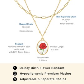 BONALUNA Birth Flower 14K Gold Necklace - 2 Layered & Seperate Chains with Dainty White Shell Pendant, Featuring Birth Month Real Flower Motif, Perfect Jewelry for Birthday Gifts