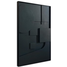 Slyart Black Textured Wall Art, Handmade Contemporary Art 3D Abstract Relief Painting, Framed Thick Texture Vertical Wall Art 24x36 Inch