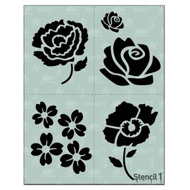 Stencil1 Four Flowers Stencil, Garden Stencils 11 x 8.5 Inches for Painting, Wall Art, DIY at Home and Used for Decor, On Fabric, Glass, T-Shirt, Paper, Floor and Wood - Reusable