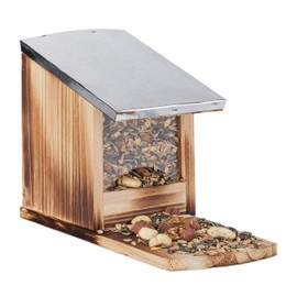 Relaxdays Squirrel Feeder, Wooden Feeding House - Weatherproof Metal Roof - Stand Up - Squirrel Drey, Colours
