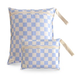 mushie Water Resistant Wet Bags | Large & Small Reusable Storage Bag for Baby Items and Travel | Zippered Pockets with Handle | Machine Washable, Set of 2 (Blue Check)