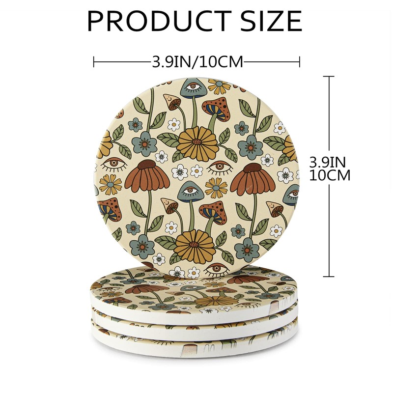 Vibiliyou Boho Drink Absorbent Retro Funky Mushroom Coasters,4pcs Boho Fun