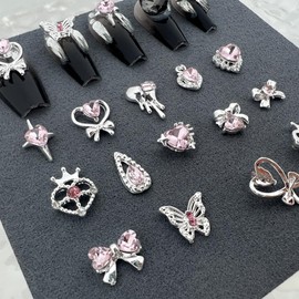 Pizadix 60PCS Silver-Pink Nail Charms Kit, 12 Styles 3D Alloy Rhinestones (Hearts/Bows/Butterflies/Teardrops/Crowns), 12-Grid Organizer Box & Tweezer, for Gel, Acrylic & Press-On Nails