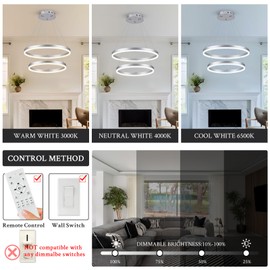 Sparklelf Modern LED Chandelier Silver 2-Rings Pendant Light Circular Flush Mount Ceiling Chandelier Lighting with Remote Control for Bedroom Living Room Dining Room Entrance, 3000K-6500K