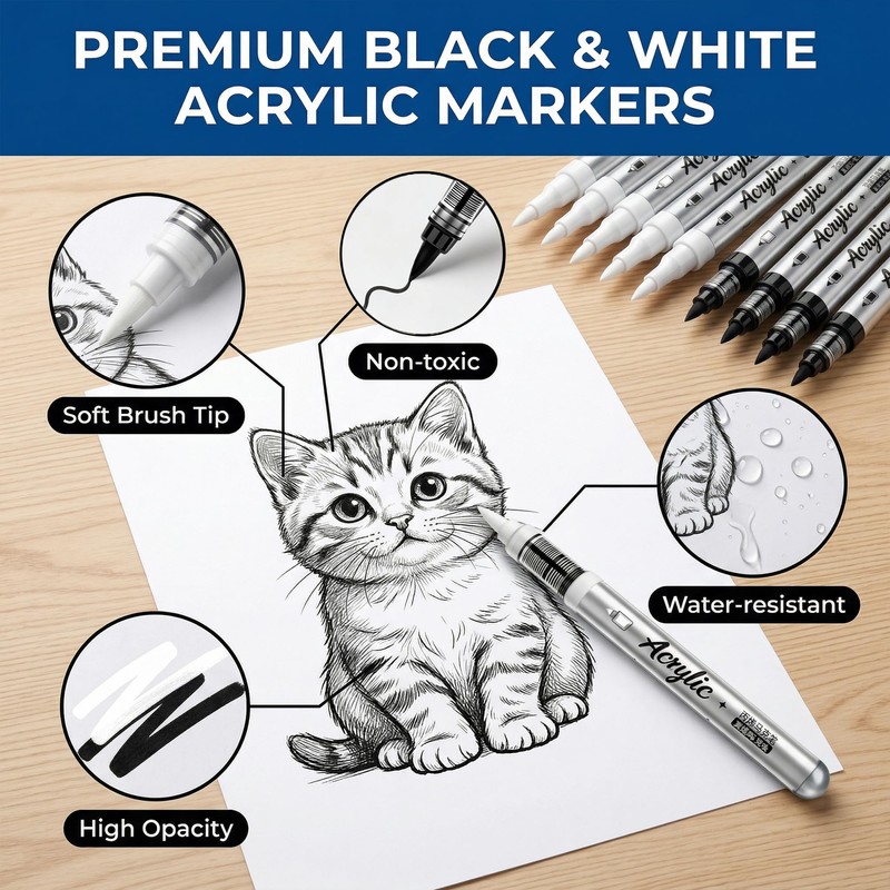 YWPXSN White & Black Acrylic Markers Sets, 12 Pcs Brush