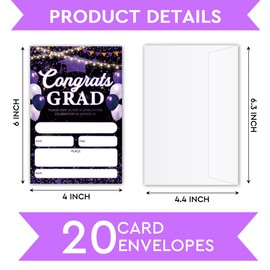 SHIEL-EVEN Graduation Invitations Card With Envelope For Grad, Graduation Ceremony Announcement, Graduation Party Invitation Card Or Decoration Favor, 20 Count Purple Grad Party Invite Cards