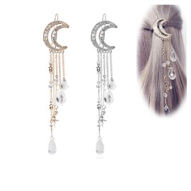 Inilbran Boho Moon Hair Clip Crystal Tassel Hair Clip Hollow Crescent Moon Hair Clip Rhinestone Beads Dangle Hairpin Clip for Women and Girls Hair Accessories Headpiece