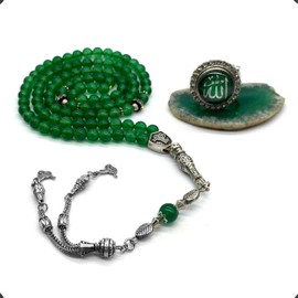 ALBATROSART -Prayer and Worry Beads with Matching Stretch Ring - Elastic Ring -Tesbih-Tasbih-Misbaha-Subha-Sibha-Rosary (Green Jade -6mm-99 Small Beads and Stretch Ring)